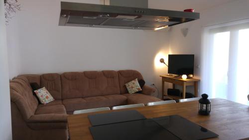 sala de estar con sofá marrón y mesa en Kmetija Jogan, Wines & Apartments en Pobegi