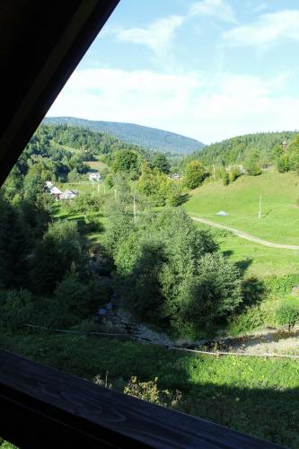 a view from a window of a field and a river at Cottage "Karpatske Shale" in Yaremche