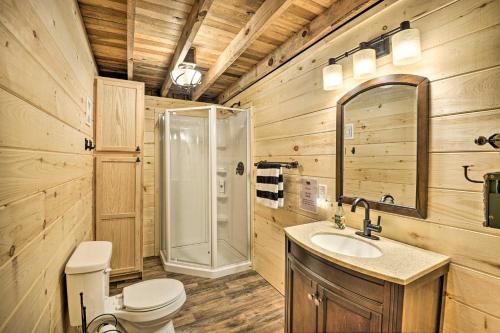 a bathroom with a shower and a toilet and a sink at Adirondacks Cabin with Fire Pit on Otter Lake! in Forestport