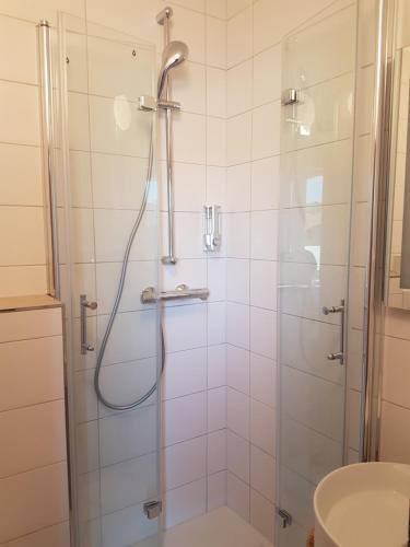 a shower with a shower head in a bathroom at Waldpension in Regenstauf