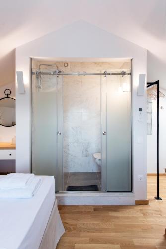 a bathroom with a shower with a glass door at Arieni Sea View House in Corfu