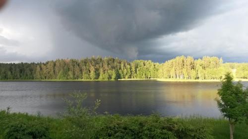 a large lake with a cloudy sky and trees at Ezerkalni in Raiskums