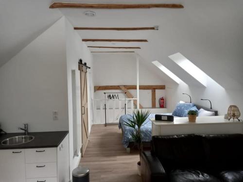 ein Wohnzimmer mit einem Sofa und einem Waschbecken in einem Zimmer in der Unterkunft Bed & Breakfast Beilerhorst in Beilen