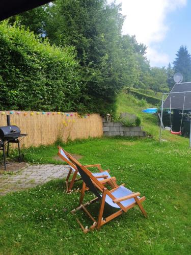 two lawn chairs sitting in the grass in a yard at Gasthaus Piesau - Thüringer Wald - Rennsteig in Piesau