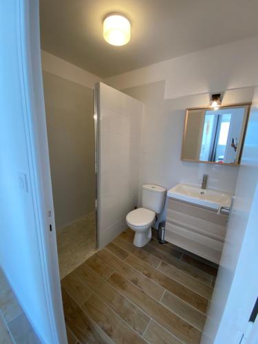 une salle de bain avec toilettes et lavabo dans l'établissement LAPEROUSE 2B coeur de ville et plage à pied pour 4 - parking privé gratuit, à Concarneau
