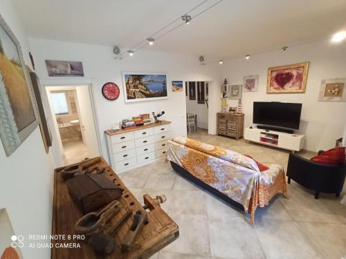 ein Wohnzimmer mit einem Sofa und einem TV in der Unterkunft Il Don Minzoni 98 "Casa Vacanze" in Lido di Camaiore