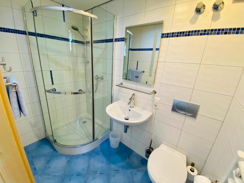 a bathroom with a shower and a toilet and a sink at otto - bed & breakfast in Ottobeuren