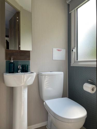 a bathroom with a white toilet and a sink at Lazy Bear Lodge Northumberland in Swarland