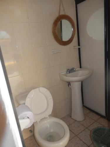 a bathroom with a toilet and a sink and a mirror at Lizmar in Los Ayala