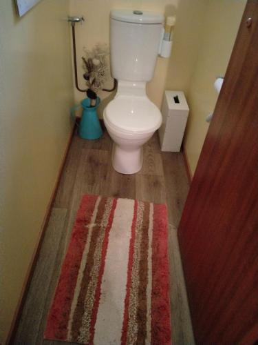 a bathroom with a toilet and a rug on the floor at Lesley's Bed and Breakfast in Cromwell