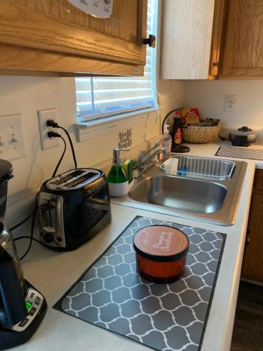 a kitchen counter with a sink and a stove with a toaster at Prickle Your Fancy Private Room in University in Charlotte