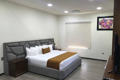 Penthouse en Irapuato في إيرابواتو: غرفة نوم بسرير كبير وتلفزيون