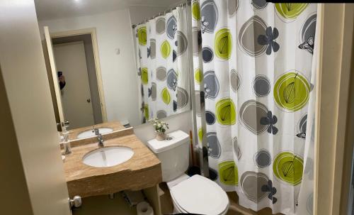 a bathroom with a sink and a toilet and a shower curtain at Laguna Bahia Algarrobo in Algarrobo