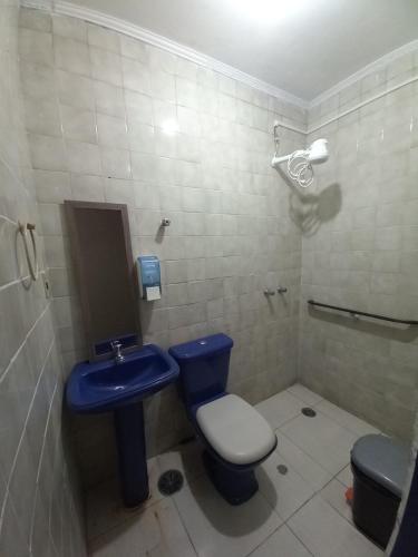 a bathroom with a blue toilet and a blue sink at Tropical Mooca in Sao Paulo