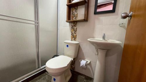 a bathroom with a toilet and a sink and a shower at Hotel Campestre Palmas del Zamorano in San Gil