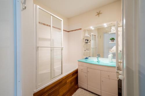 La salle de bains est pourvue d'une douche et d'un lavabo bleu. dans l'établissement Les Amidonniers, à Toulouse