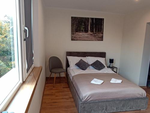 - une chambre avec un lit, une chaise et une fenêtre dans l'établissement Apartament Nad lipami, à Hajnówka