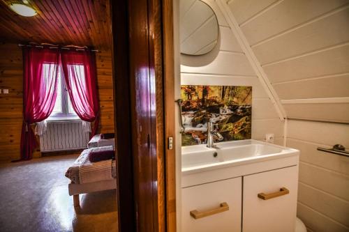 une salle de bain avec un lavabo et un miroir dans l'établissement ❊ AU MURMURE DE L'EAU AU COEUR DE L'ALSACE ❊, à Ebersheim