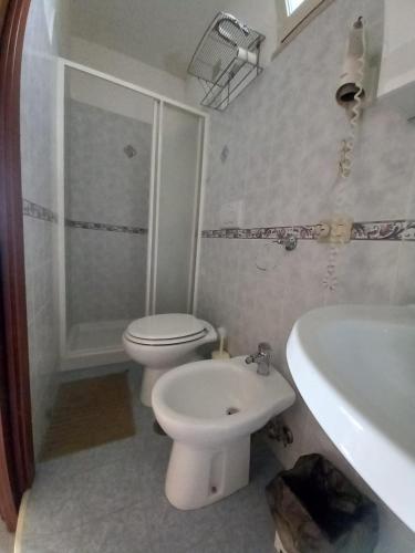 a bathroom with a toilet and a shower and a sink at Il Grifo in Sabaudia