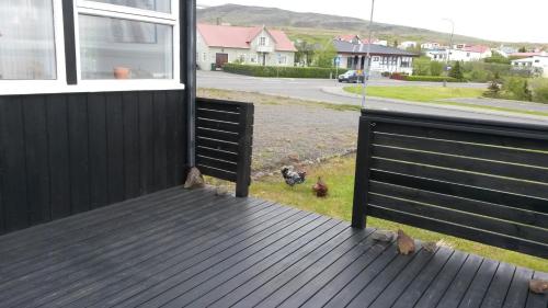 a porch with chickens standing on the grass at ALBERT Guesthouse in Hvammstangi