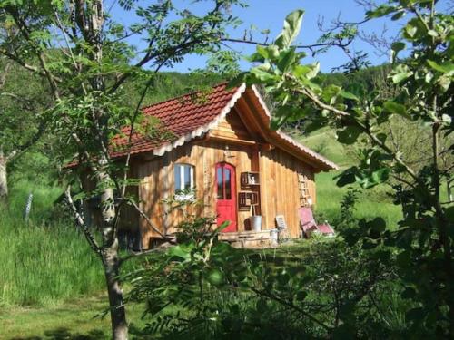 a log cabin with a red door in a field at Sonniges-naturnahes-Schwarzwald-Ferienhaeuschen in Welschensteinach