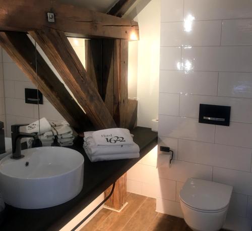 a bathroom with a sink and a toilet at Hotel 1622 - Spa, Hotell & Konferens in Helsingborg