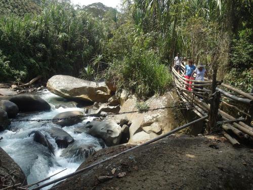 a group of people walking over a bridge over a river at Chalet Ecoturismo La Nohelia in Jericó