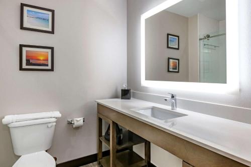 a bathroom with a sink and a toilet and a mirror at Comfort Suites Fort Lauderdale Airport & Cruise Port in Dania Beach