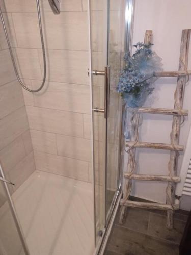 a shower with a wooden ladder in a bathroom at BB Lady in Castelvetro di Modena