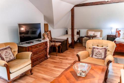 a living room with a tv and chairs and a table at Vila Mila in Arandjelovac