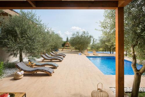 a row of lounge chairs next to a swimming pool at Villa Stanzietta Novigrad for 10 at Olive orchard in Novigrad Istria