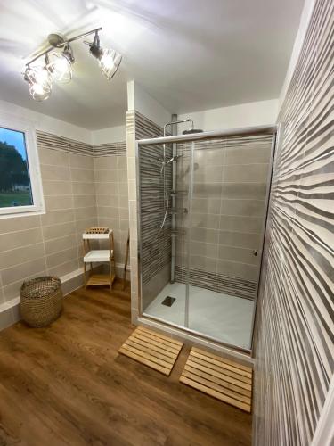 La salle de bains est pourvue d'une cabine de douche en verre. dans l'établissement Escapade entre Terre et Mer, à Guilmécourt