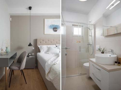two pictures of a bathroom with a sink and a toilet at Villa Stanzietta Novigrad for 10 at Olive orchard in Novigrad Istria