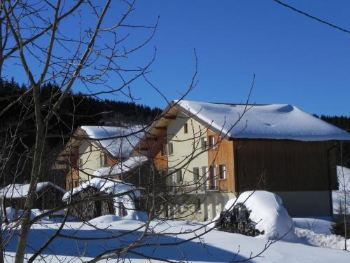 a house with snow on the roof at APPT 3* LE HAUT DES LACS in Xonrupt-Longemer