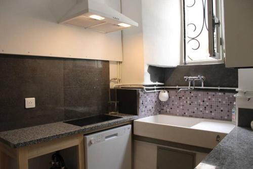 - une cuisine avec un évier et un comptoir dans l'établissement La Maison Angelina, à Saint-Lizier