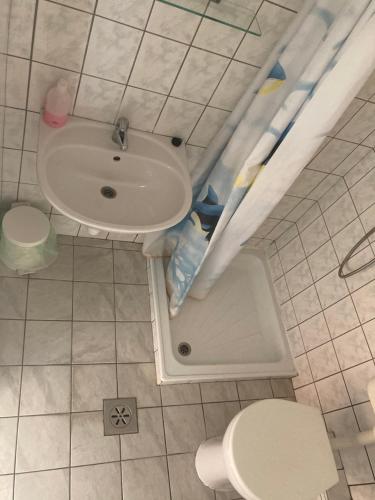 y baño con lavabo y aseo. en Bor-Bazilika-Vendégház en Tarcal