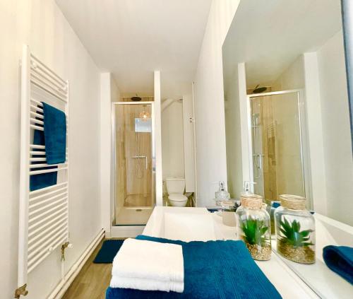 a white room with a blue bed and a bathroom at Le Mans - Au Calme - Stationnement Facile - Proche Centre Ville et Gare in Le Mans