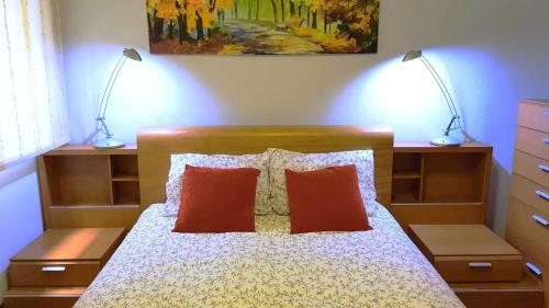1 dormitorio con 1 cama con almohadas rojas y 2 lámparas en habitación, salita y baño privado, REATE LBI00466, en Bilbao