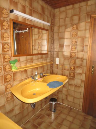 a bathroom with a yellow sink and a mirror at Ferienwohnung Panorama in Wertheim