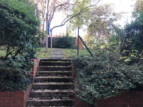 una rampa di scale in un giardino alberato di Room with A View a Londra