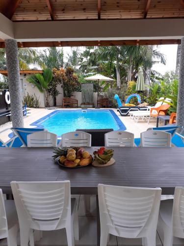 a table with a plate of fruit on it next to a pool at Royal Bay Villa in Anse Royale
