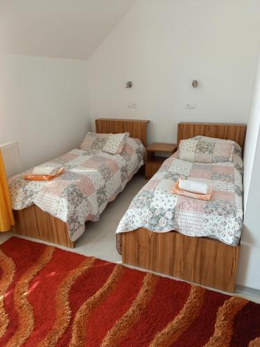 a bedroom with two beds and a rug at Hotel Vyšehrad in Turčianske Teplice