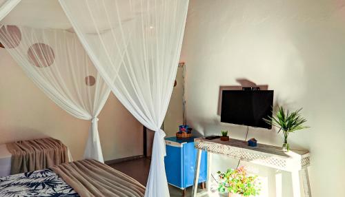 a bedroom with a bed with a curtain and a tv at VILA TRANCOSEAR in Trancoso