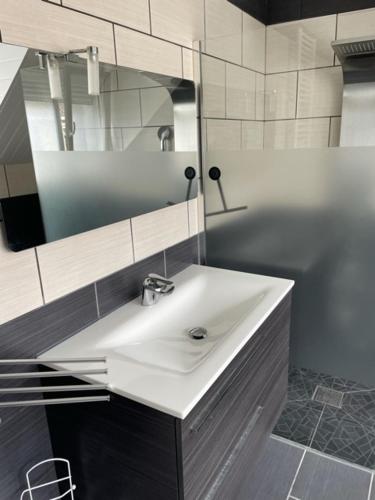 ein Badezimmer mit einem weißen Waschbecken und einem Spiegel in der Unterkunft L'ESCALE in Le Portel