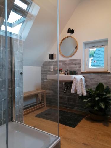 a bathroom with a shower and a sink at WÄLDER: Quartier Haus im Glück in St. Blasien