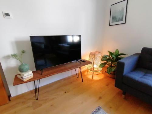 a living room with a tv and a blue couch at WÄLDER: Quartier Haus im Glück in St. Blasien