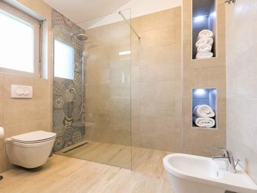 a bathroom with a shower and a toilet and a sink at Holiday home in Mekisi kod Vizinade - Istrien 41755 in Ferenci