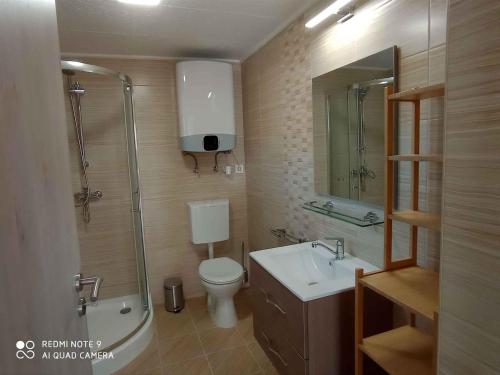 un bagno con lavandino, WC e doccia di Studio in Balatonlelle 41940 a Balatonlelle
