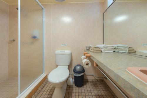 a bathroom with a toilet and a shower and a sink at Winter Sun Motel in Rockhampton