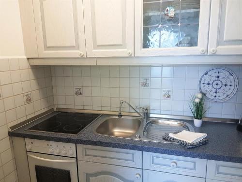a kitchen counter with a sink and a stove at Wiking Whg 5 in Grömitz